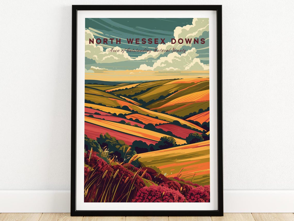 North Wessex Downs Wall Art Print Travel Poster Wessex Downs Artwork Poster Gift Home Decor Wessex Downs Illustration Art Lover Aonb Print