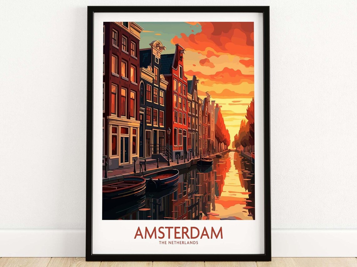 Amsterdam Canal Houses Sunset Bikes Boats Netherlands Travel Poster
