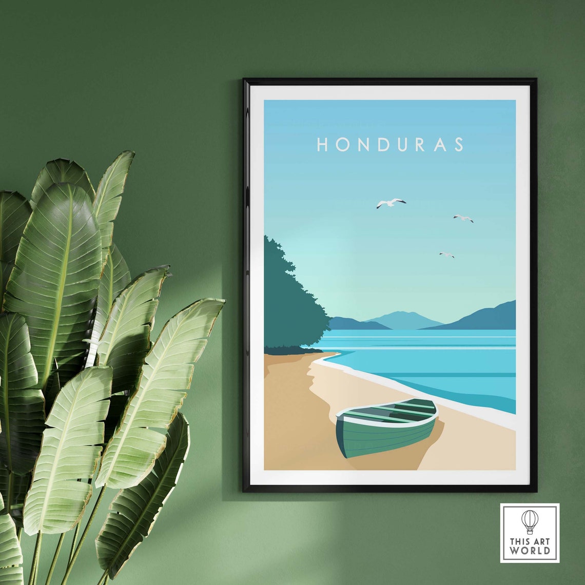 Sunny Honduras Tropical Beach Minimalist Boat Ocean View Poster - Image 3