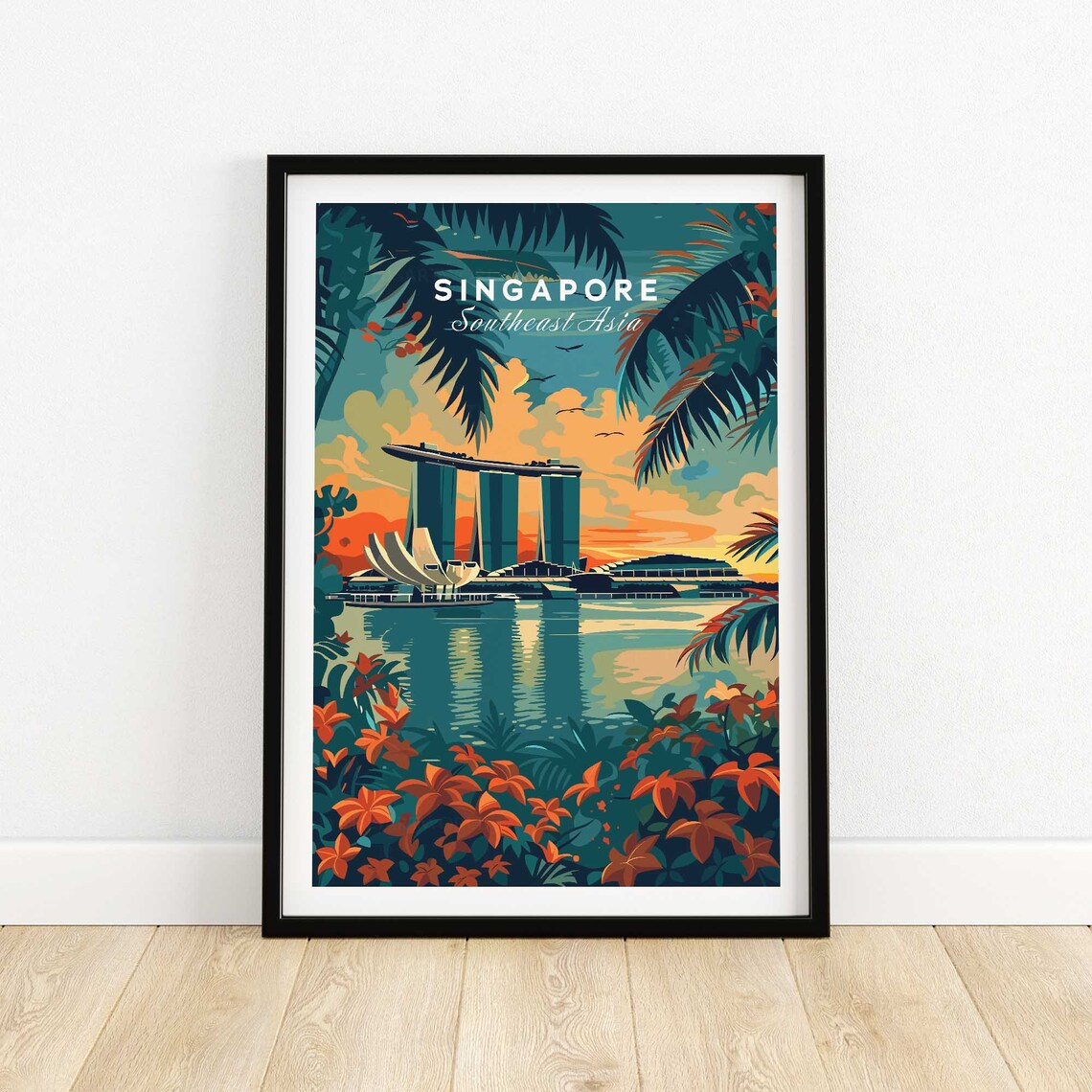 Singapore Marina Bay Sands Sunset Retro Palm Fronds Travel Poster