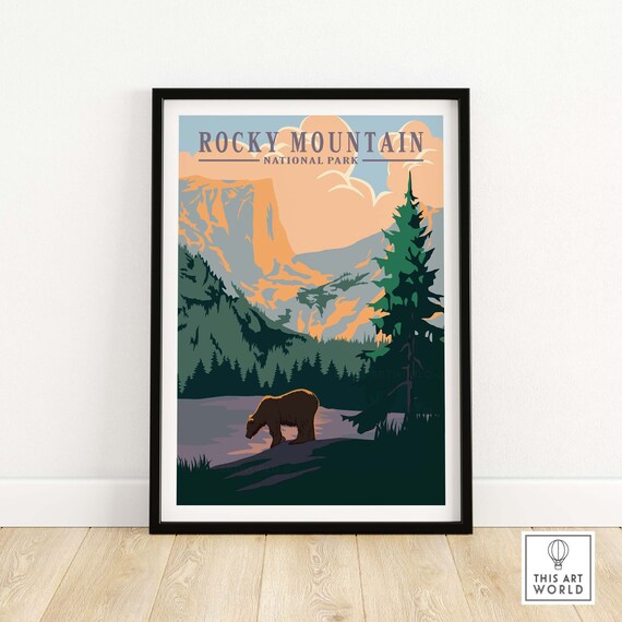 Rocky Mountain National Park Vintage Bear Illustration Poster