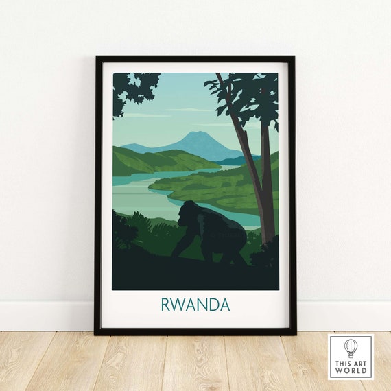 Rwanda Mountain Gorilla Wall Art Print Travel Poster Birthday Gift