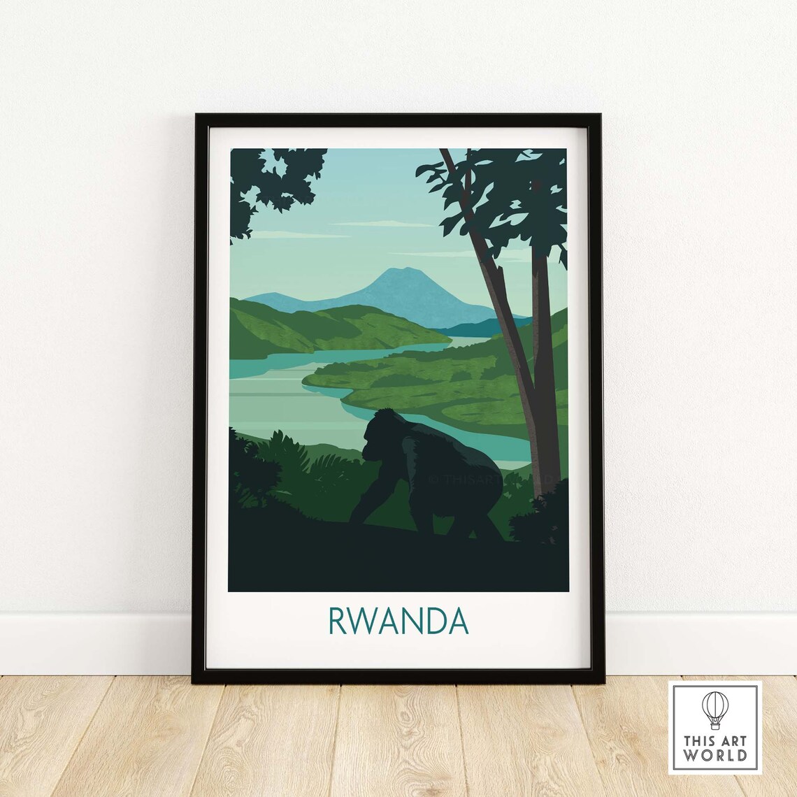 Rwanda Mountain Gorilla Volcano Lake Jungle Retro Travel Poster