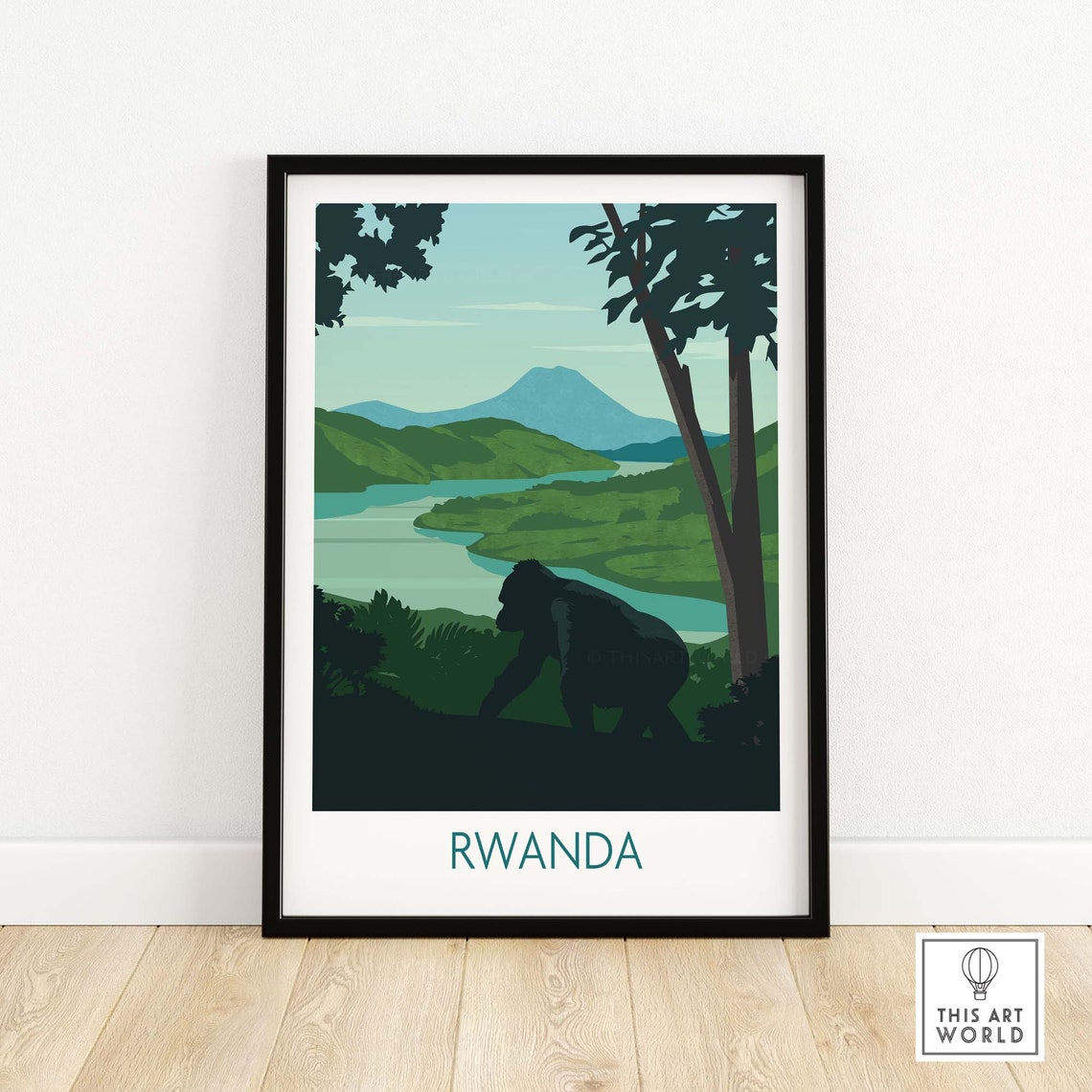 Rwanda Mountain Gorilla Wall Art Print Travel Poster Birthday Gift