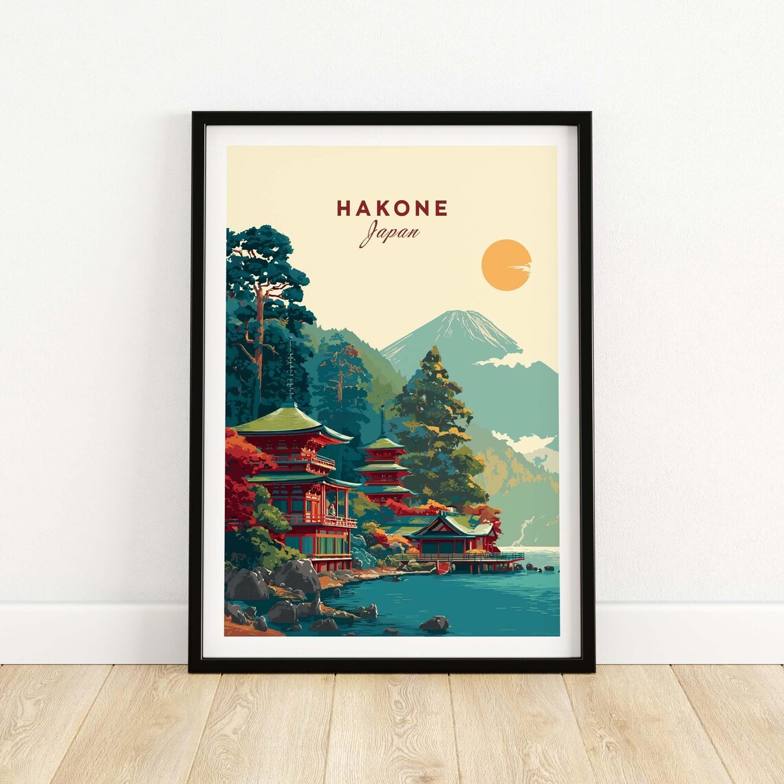 Hakone Japan Rising Sun Pagoda Lake Ashi Scenic Travel Poster