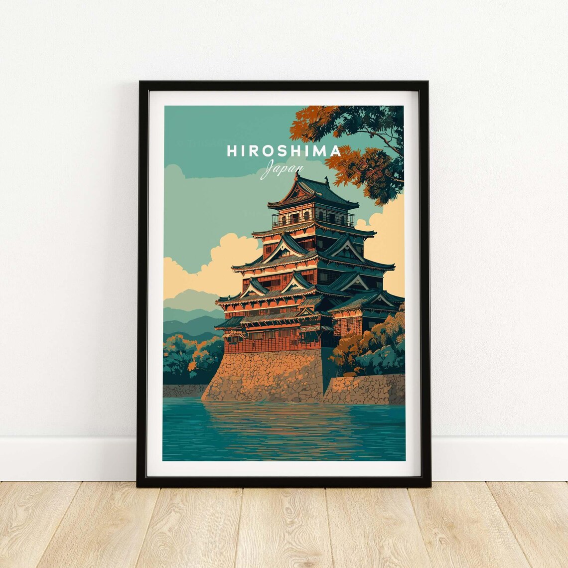 Hiroshima Castle Golden Hour Waterfront View Vintage Travel Poster