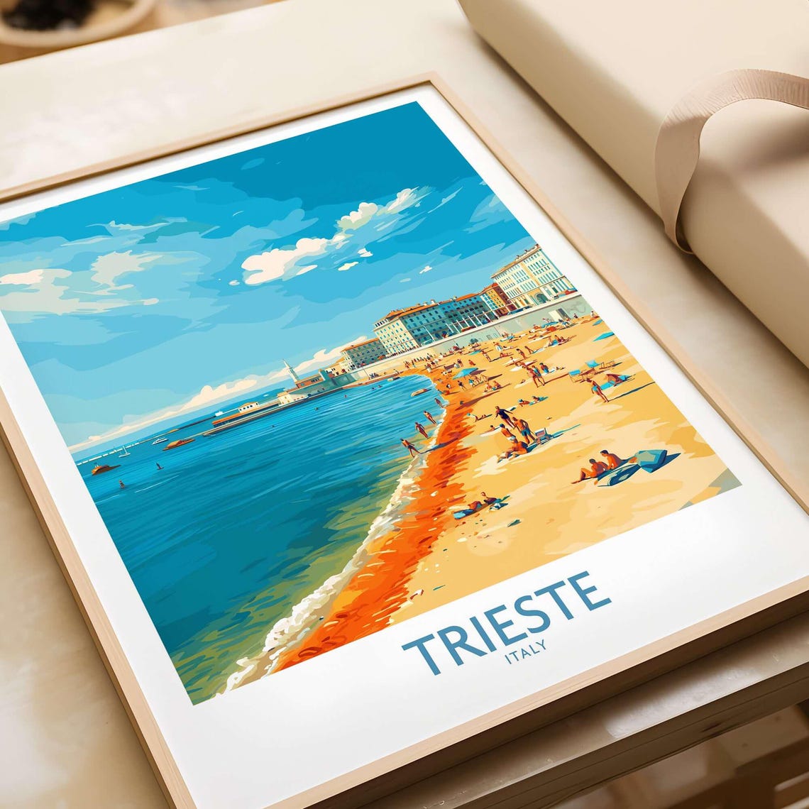 Trieste Italy Busy Beach Swimmers Lighthouse Coastline Travel Poster