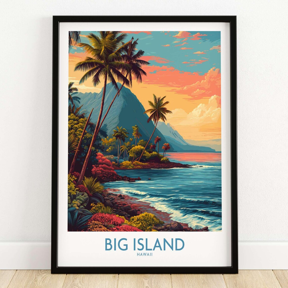 Big Island Hawaii Palm Trees Tropical Beach Sunset Travel Poster