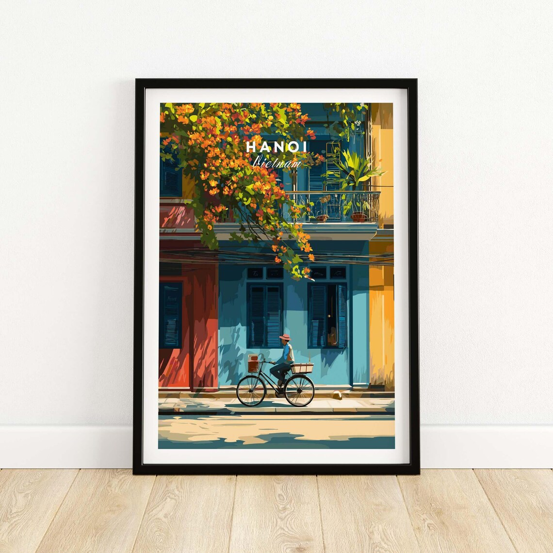 Hanoi Vietnam Vintage Colonial Street Cyclist Travel Art Poster