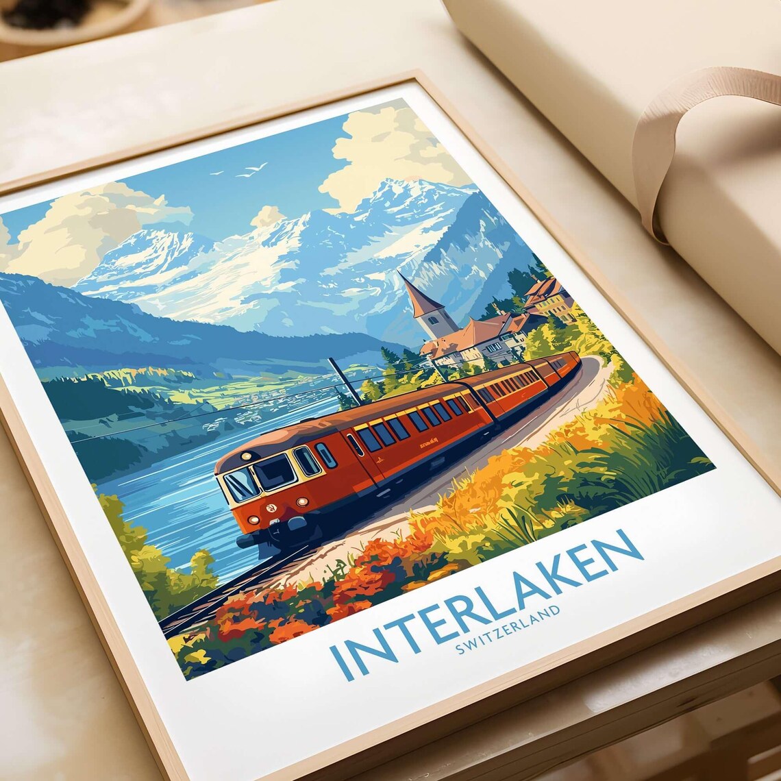 Interlaken Switzerland Red Railcar Lakeside Vintage Travel Poster