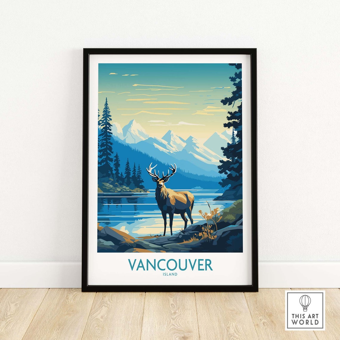 Canada Vancouver Island Elk Mountain Lake Pine Forest Retro Poster