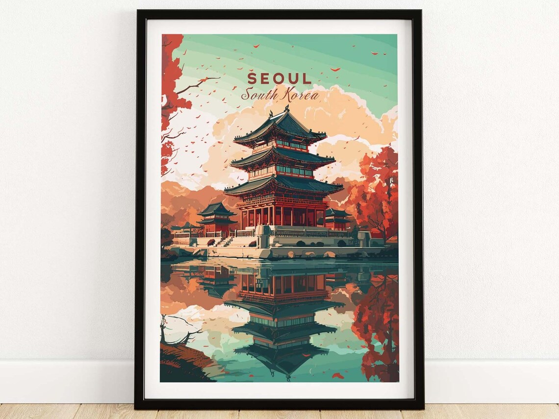 Seoul South Korea Autumn Temple Reflection Travel Art Poster