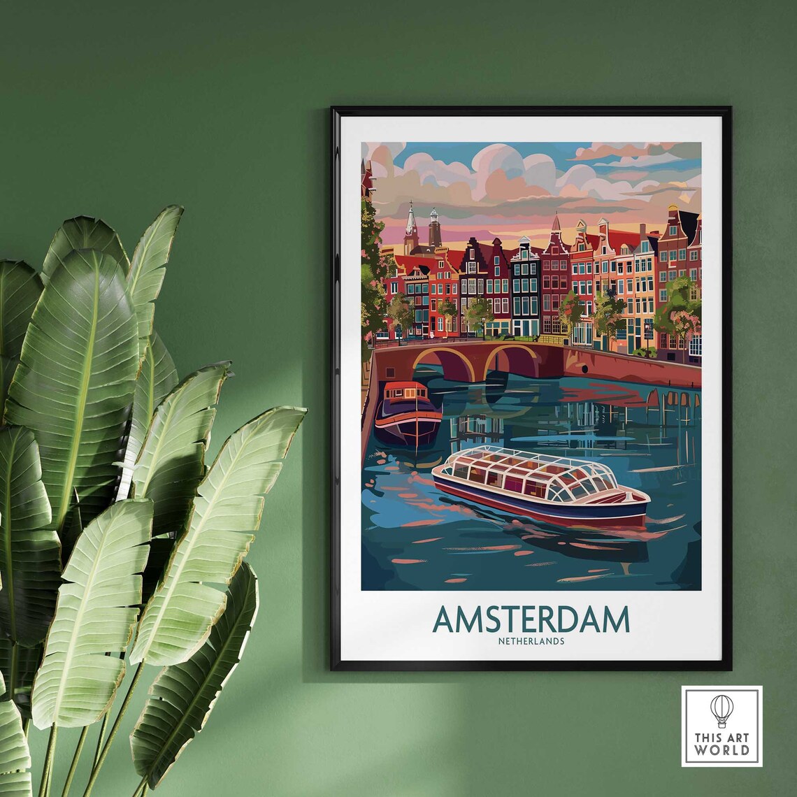 Amsterdam Netherlands Canal Boats Bridge Sunset Retro Travel Poster - Image 2