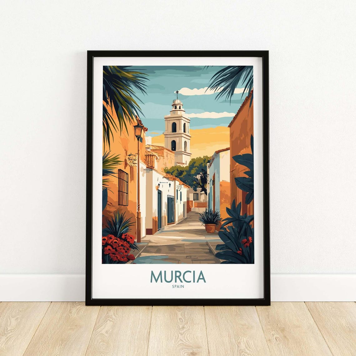 Murcia Spain Narrow Cobbled Alley Sunset Church Retro Travel Poster