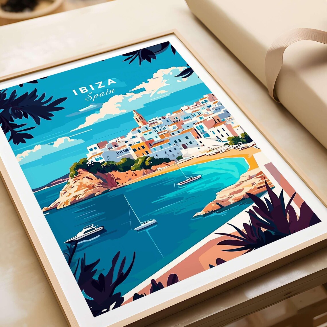 Ibiza Spain Turquoise Bay Sailboats Old Town Hill Travel Poster - Image 4