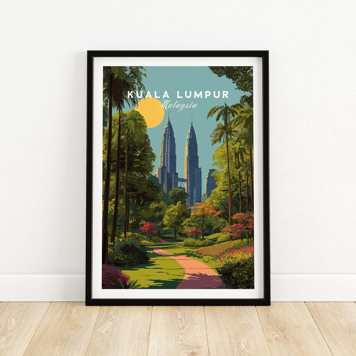 Kuala Lumpur Malaysia Petronas Towers Palm Park Sunset Travel Poster