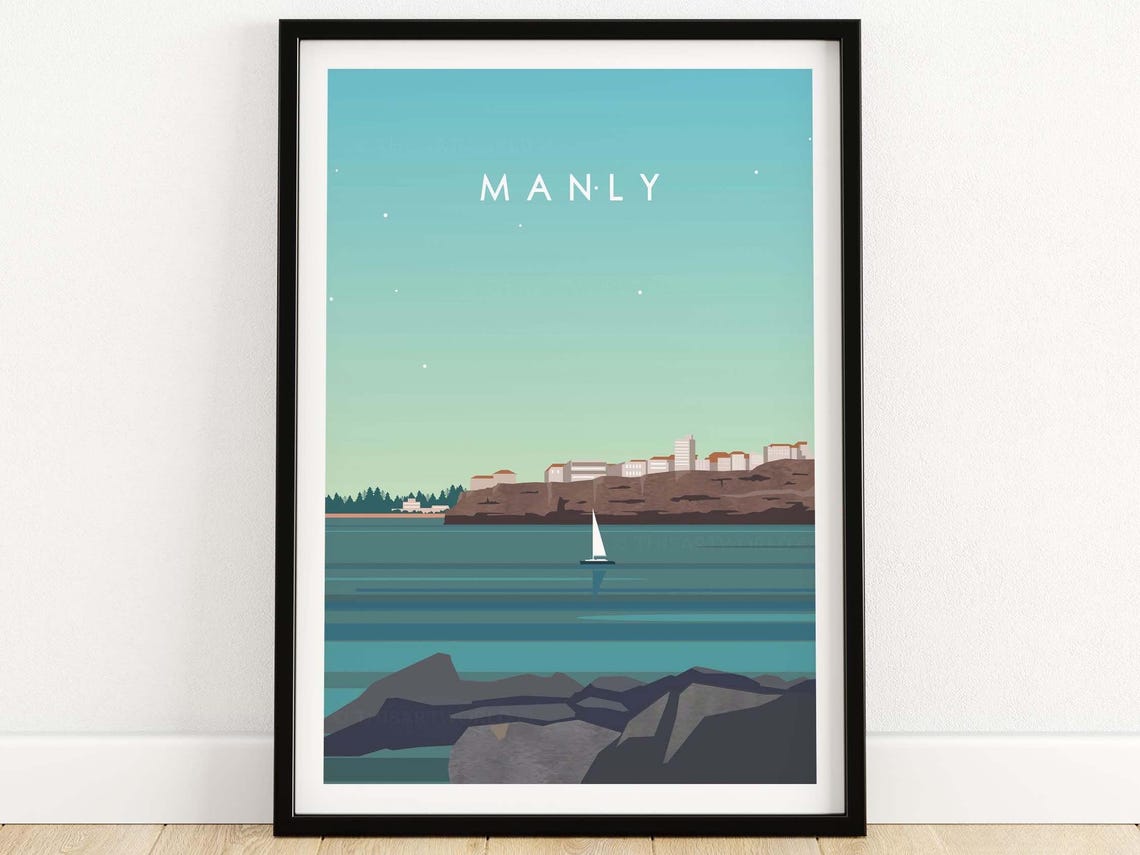 Manly Beach Sydney Minimalist Sailboat Sea Cliff Coast Travel Poster