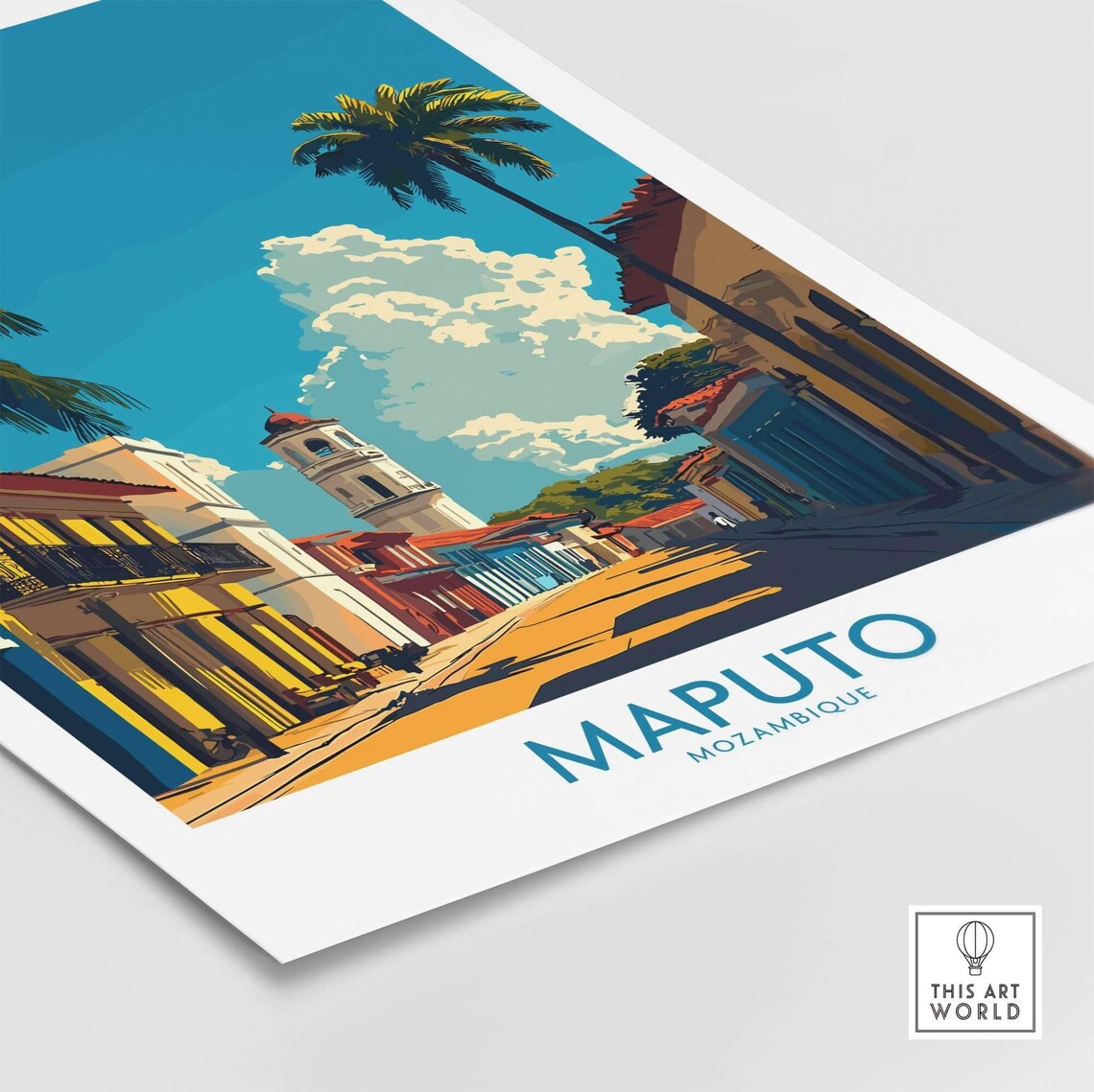 Maputo Mozambique Sunny Palm Street Colonial Church Travel Poster - Image 4