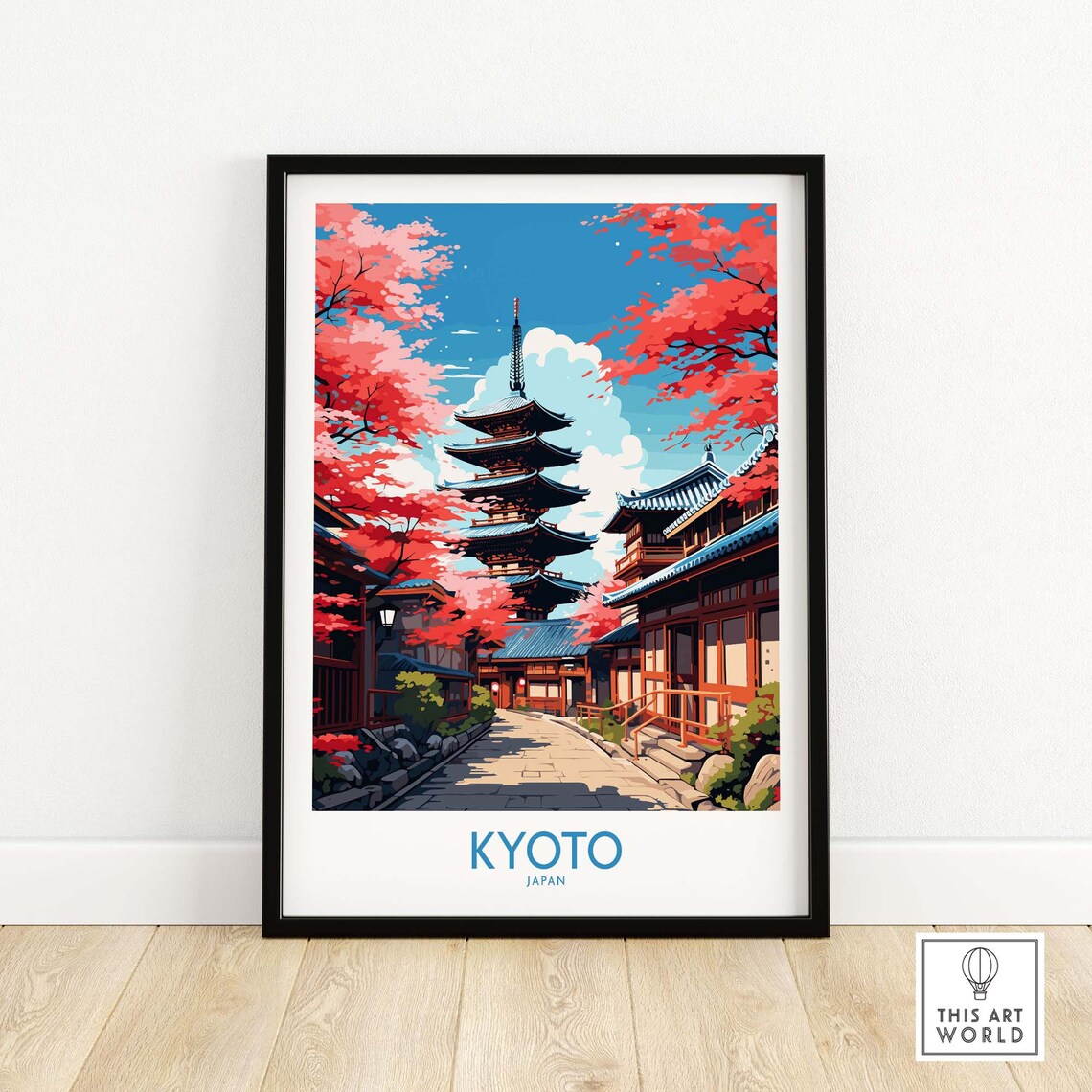 Kyoto Japan Pagoda Street Red Maple Trees Vintage Travel Poster