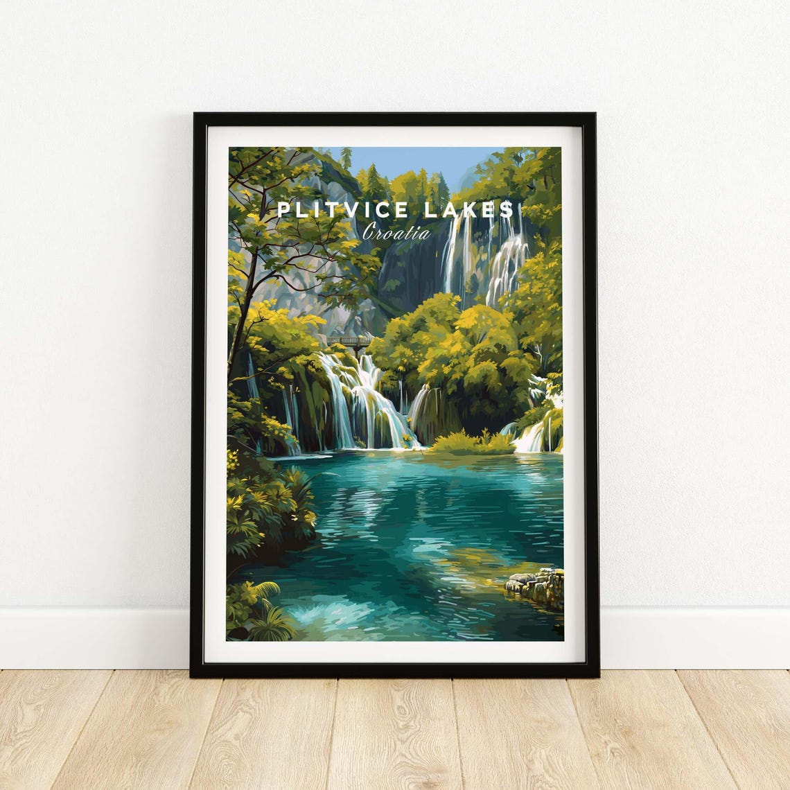 Plitvice Lakes Croatia Travel Poster Waterfalls and Turquoise Lake