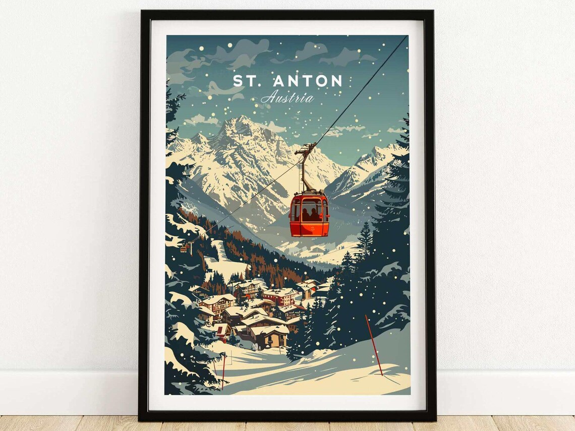 St Anton Austria Red Gondola Cabin Over Snowy Village Travel Poster