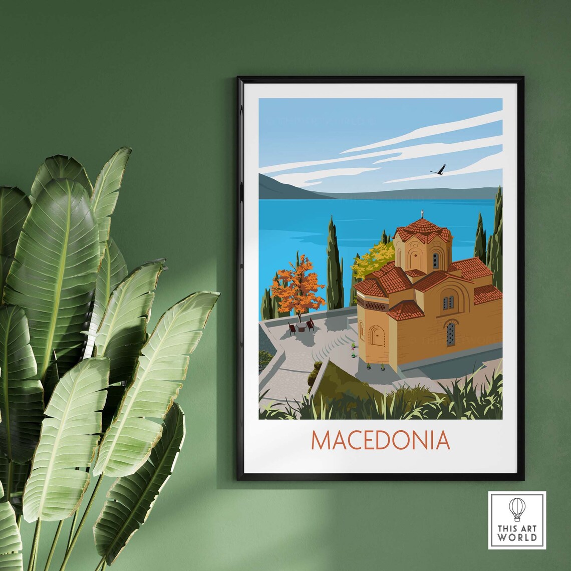 Macedonia Lakeside Orthodox Church Red Domes Blue Water Travel Poster - Image 2