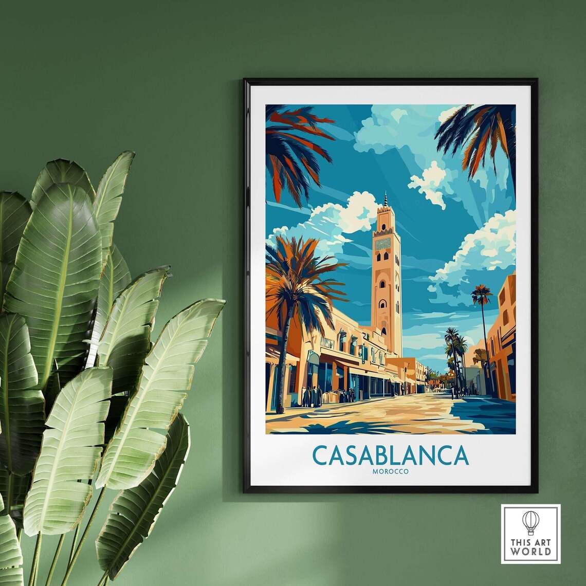 Casablanca Morocco Minaret Palm Lined Street Blue Sky Travel Poster - Image 2