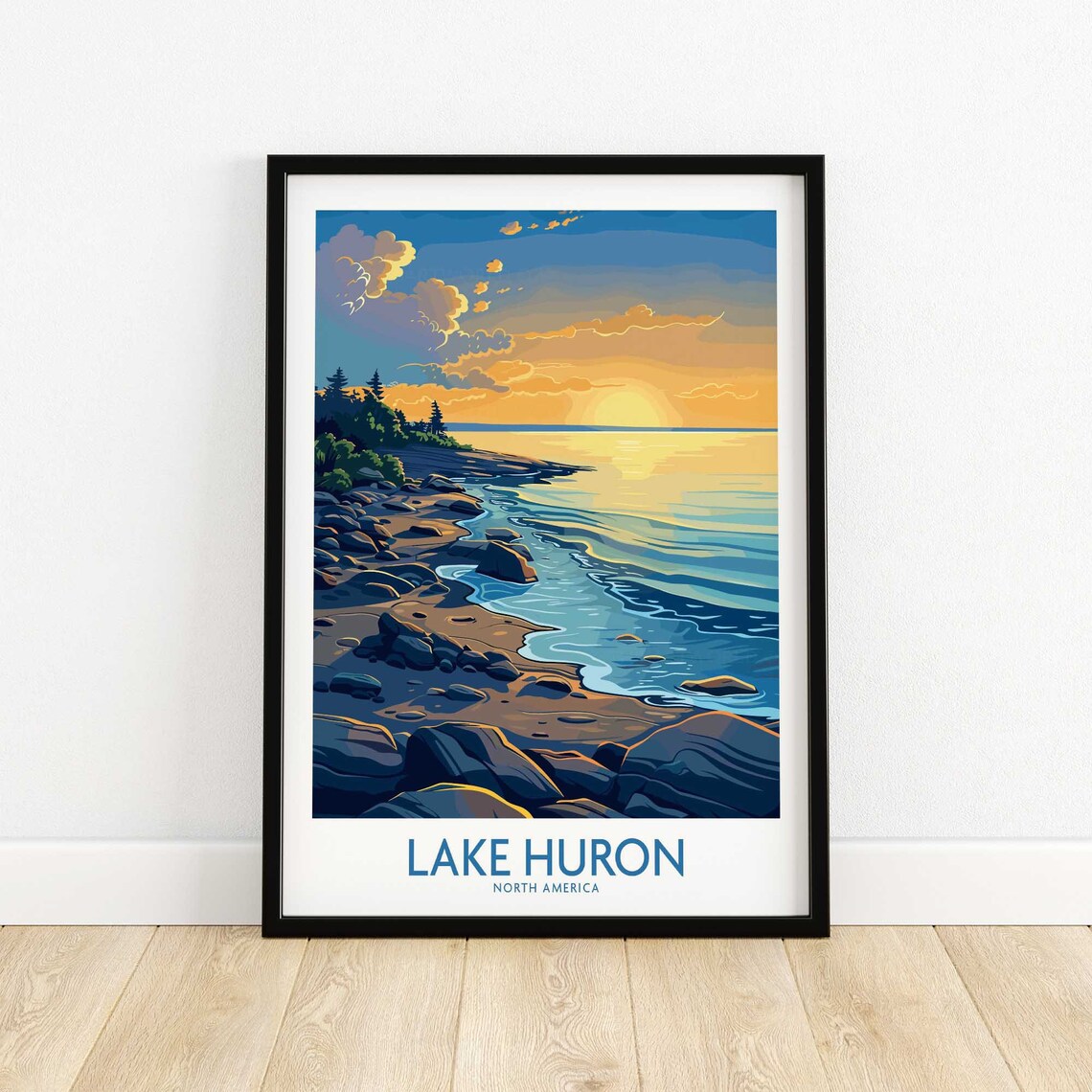 Lake Huron North America Rocky Shoreline Golden Sunset Travel Poster