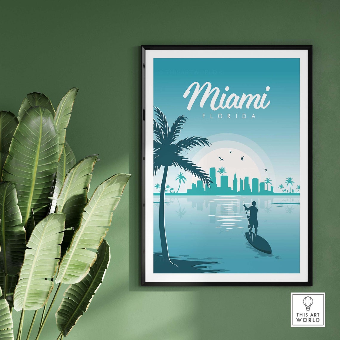 Miami Florida Paddleboarder Sunset Skyline Palm Scene Poster - Image 2