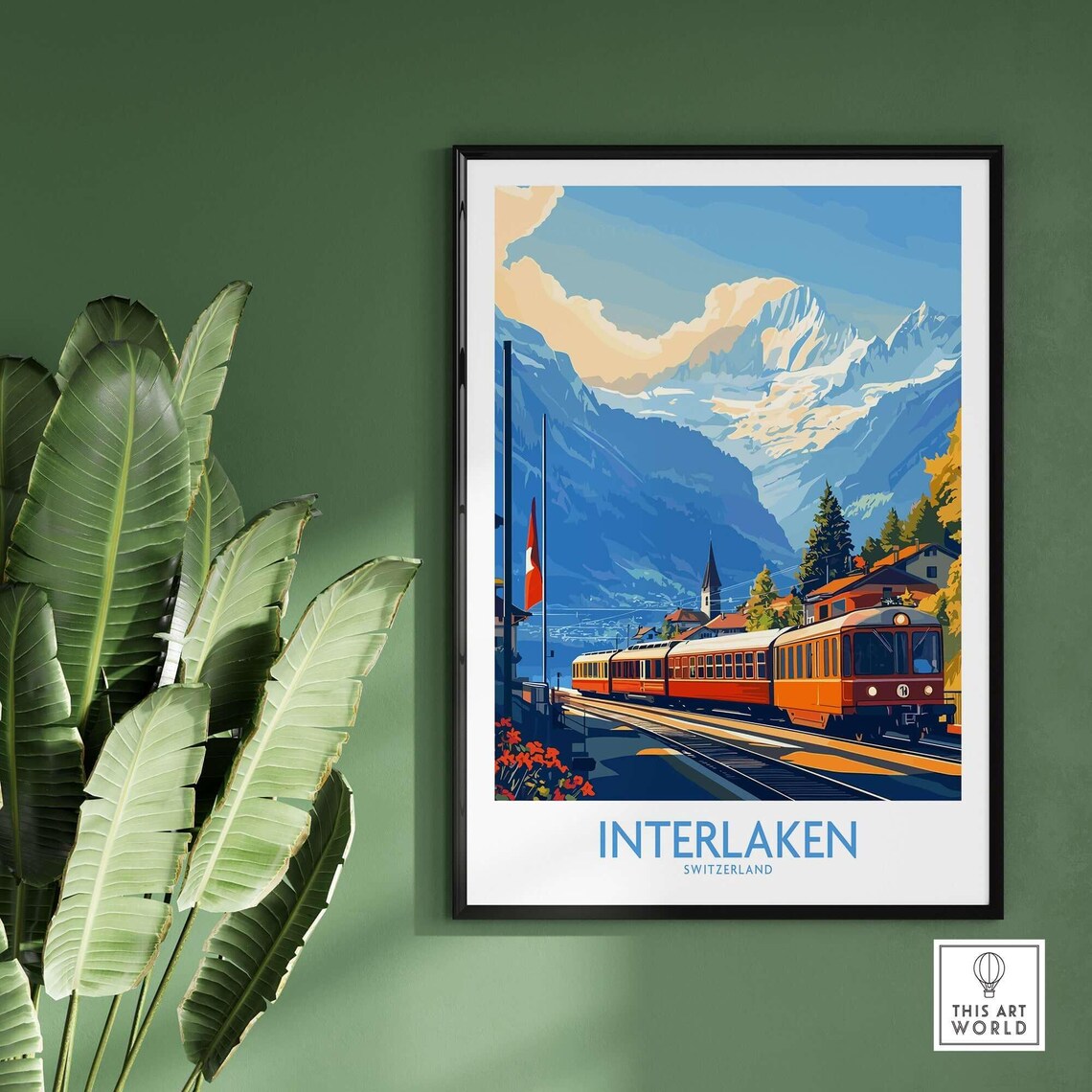 Interlaken Switzerland Cogwheel Train Mountain Peaks Travel Poster - Image 2