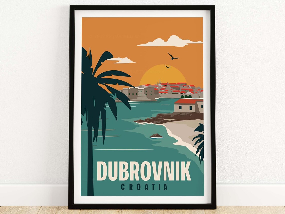 Dubrovnik Croatia Sunset Bay Old Town Palms Seaside Travel Poster