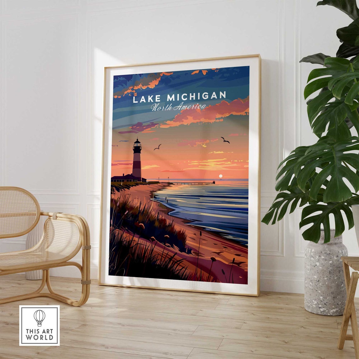 Lake Michigan North America Sunset Lighthouse Pier Birds Poster - Image 2