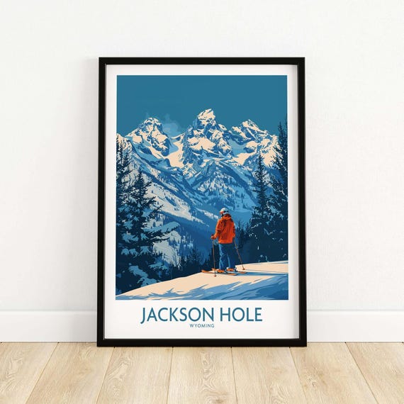 Jackson Hole Ski Resort Poster Wyoming Mountain Art Lodge Decor Winter Adventure Print Framed Wall Gift