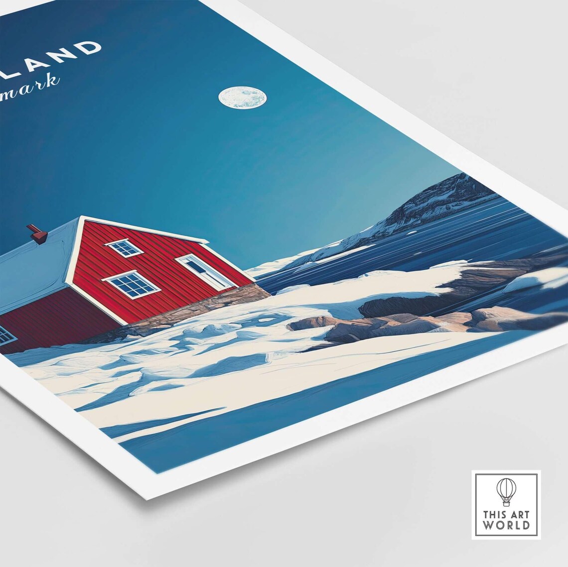Greenland Denmark Red Cabin Moonlit Snow Vintage Travel Poster - Image 4