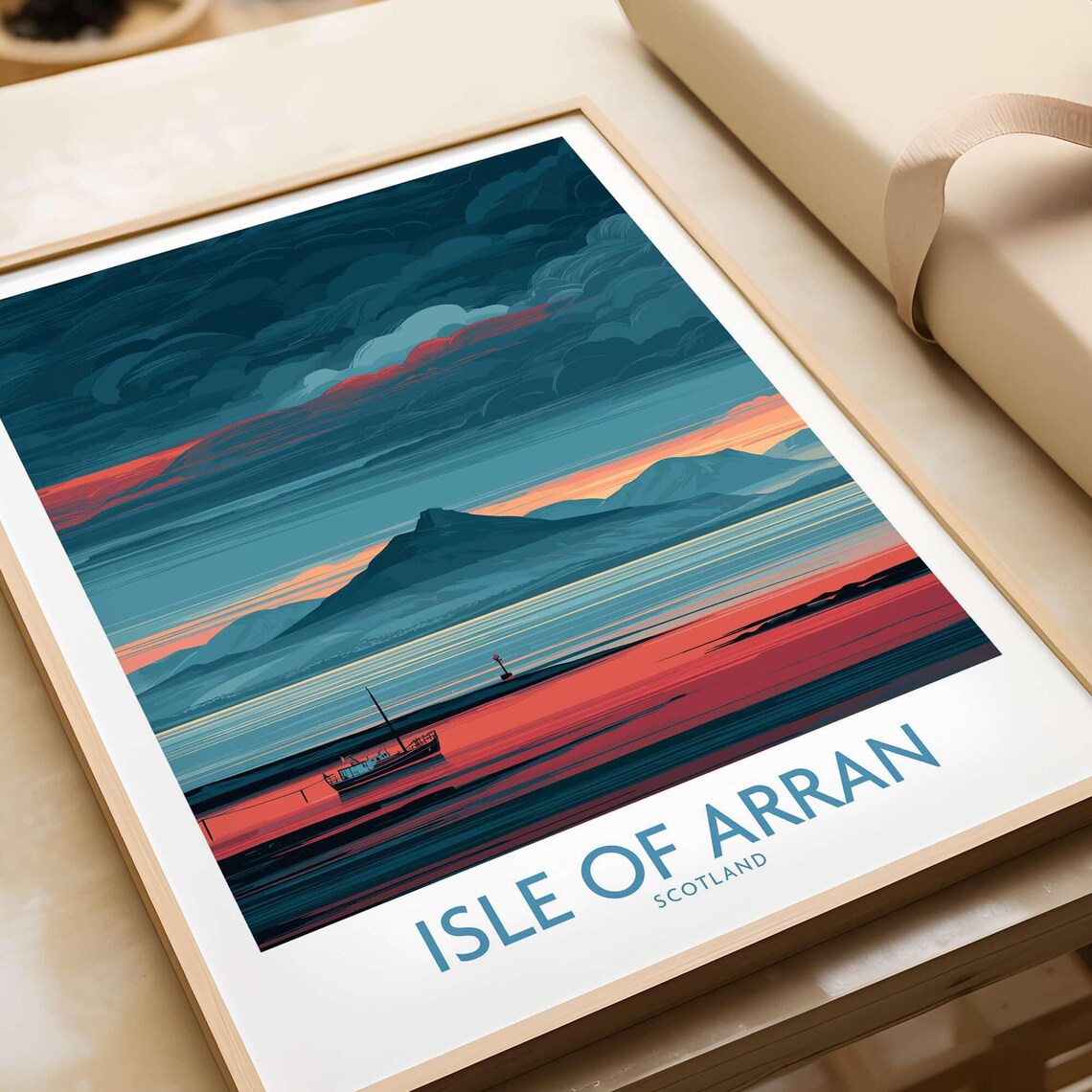 Isle of Arran Scotland Sunset Sea Boat Dramatic Sky Travel Poster