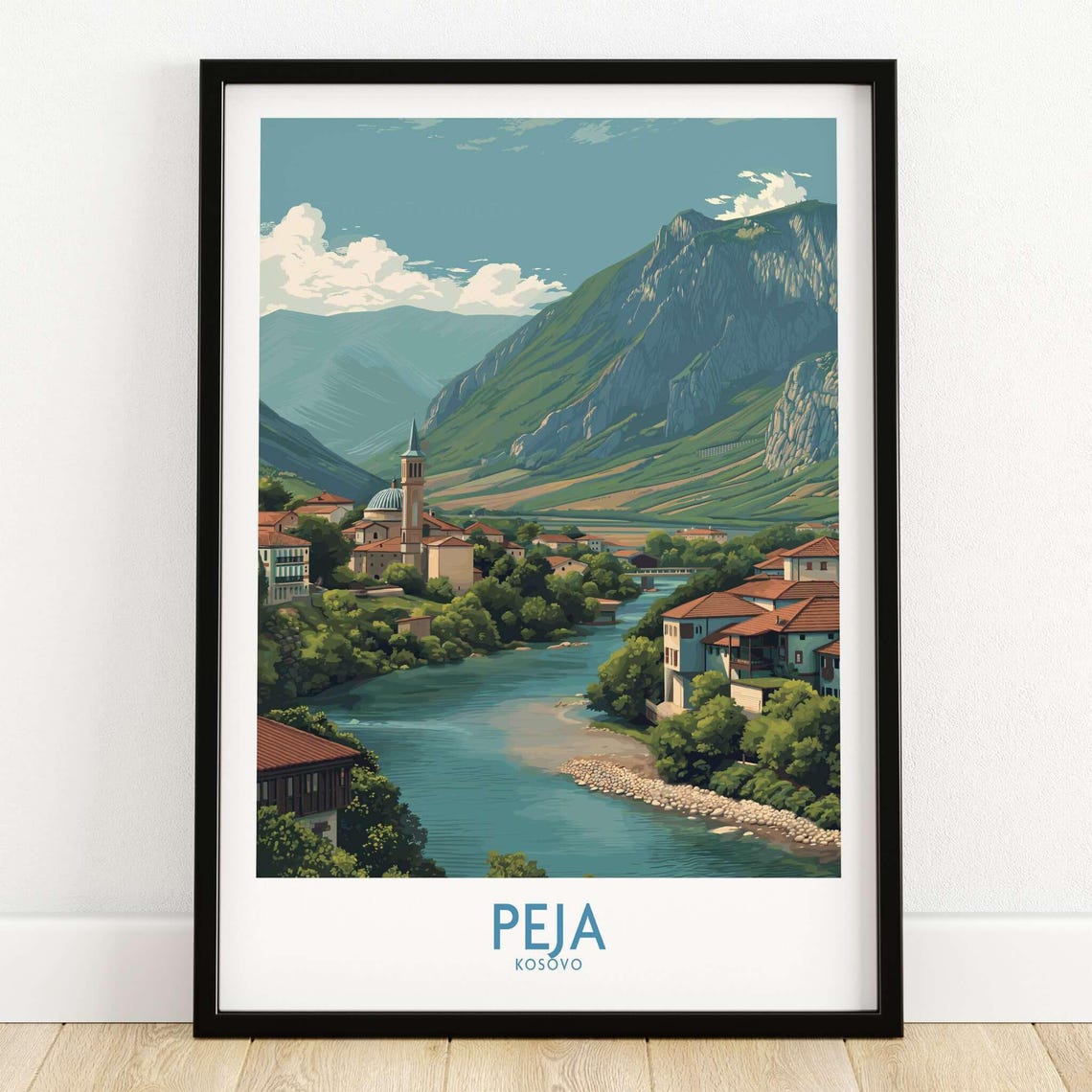 Peja Kosovo River Valley Mountain Town Green Landscape Poster