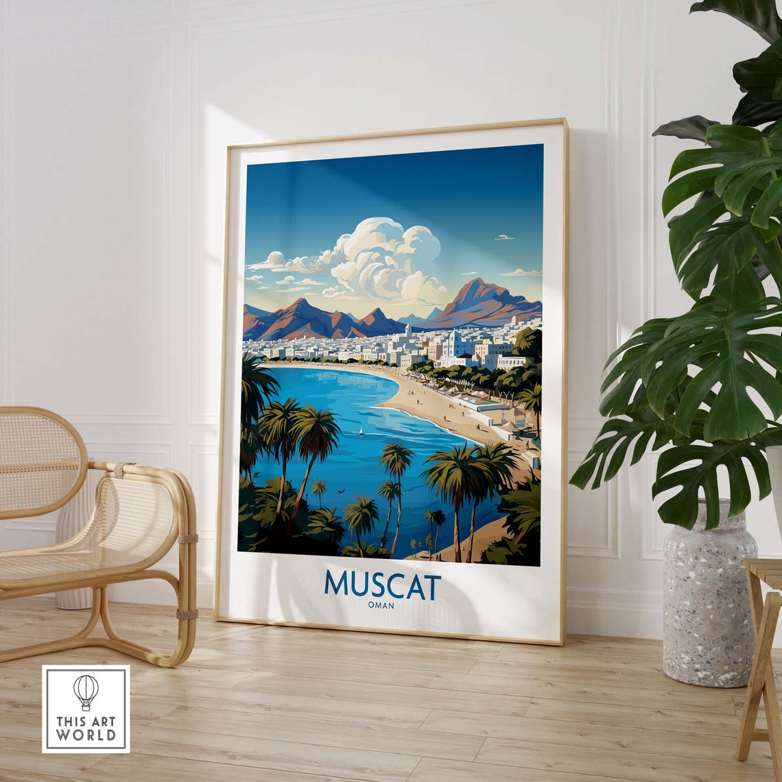 Muscat Oman Palm Beach Bay Mountains Waterfront Travel Poster - Image 2