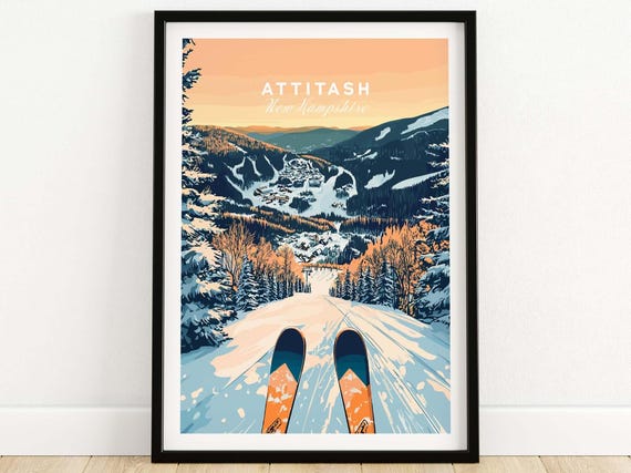 Attitash Ski Wall Art Poster Winter Sports Gift For Skier Mountain Cabin House Decoration Lodge Print Home Decor Room