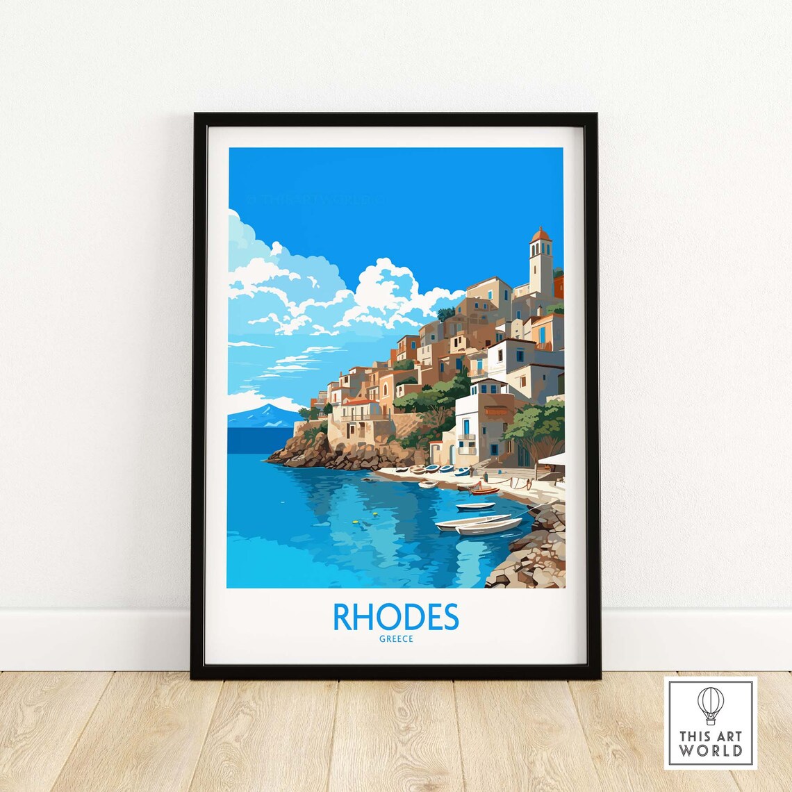 Rhodes Greece Bright Harbor Old Town Fishing Boats Travel Poster