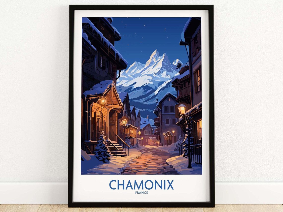 Chamonix France Snowy Night Village Mountain Vintage Travel Poster