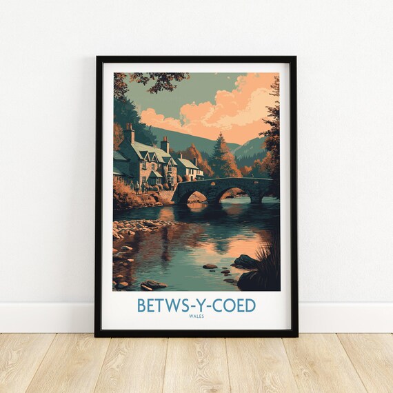 Betws-y-Coed Wales Stone Bridge River at Sunset Travel Poster