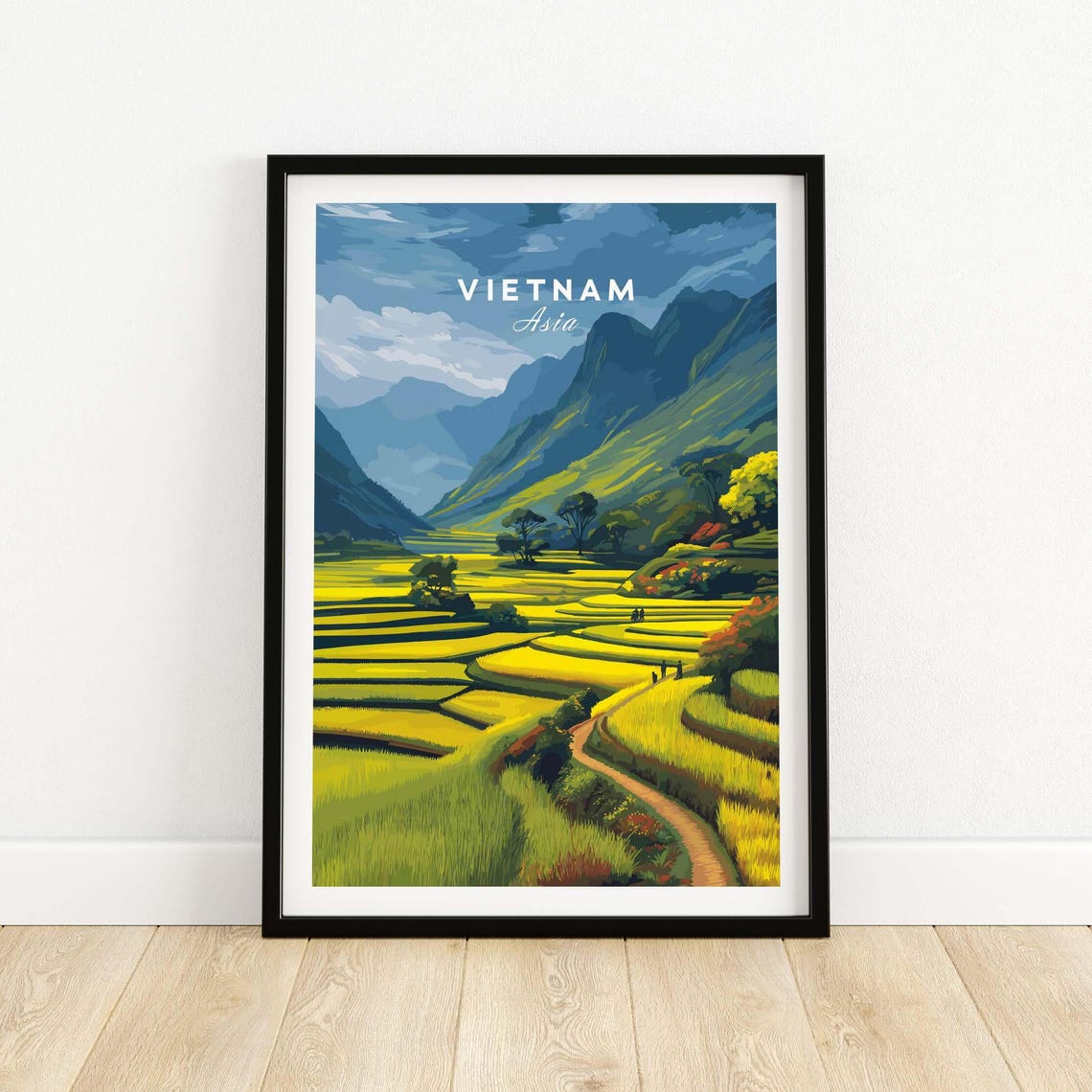Vietnam Golden Rice Terraces Mountain Valley Illustrated Travel Poster