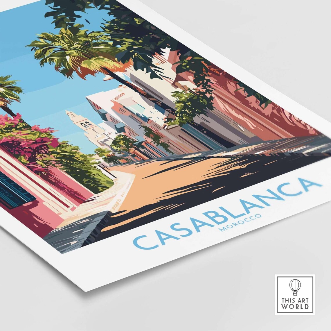 Casablanca Morocco Sunlit Palm Street Mosque Tower Travel Poster - Image 4