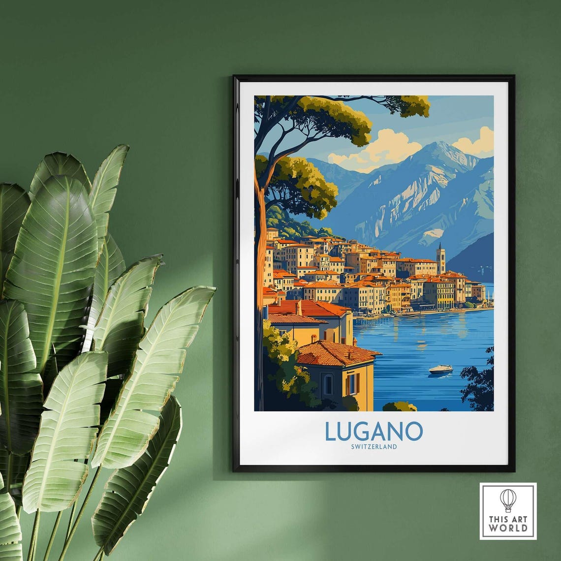 Lugano Switzerland Lakeside Town Mountain View Vintage Travel Poster - Image 2
