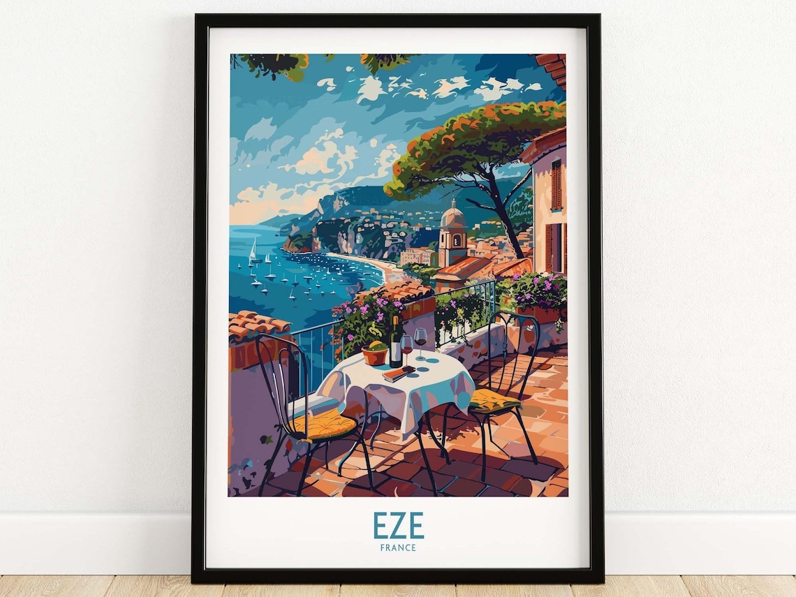 Eze France Hilltop Terrace Cafe Bay View Wine Sailboats Poster