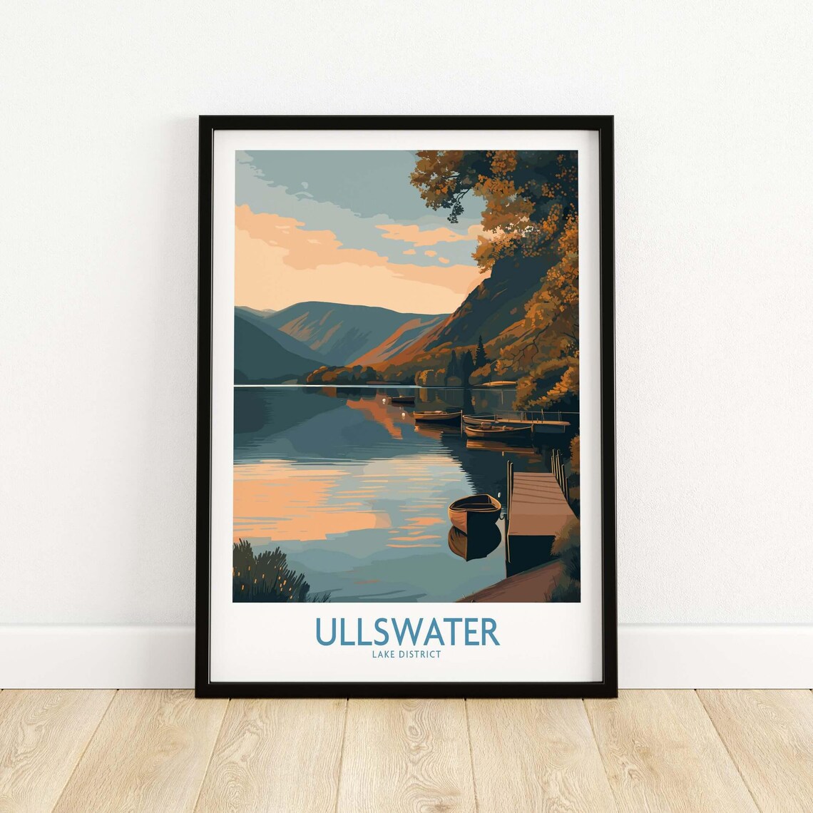 Ullswater Lake District Sunset Boats at the Jetty Travel Poster