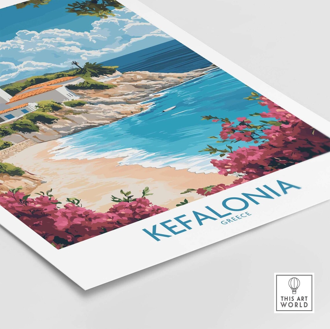 Kefalonia Greece Coastal Chapel Beach Bougainvillea Travel Poster - Image 4