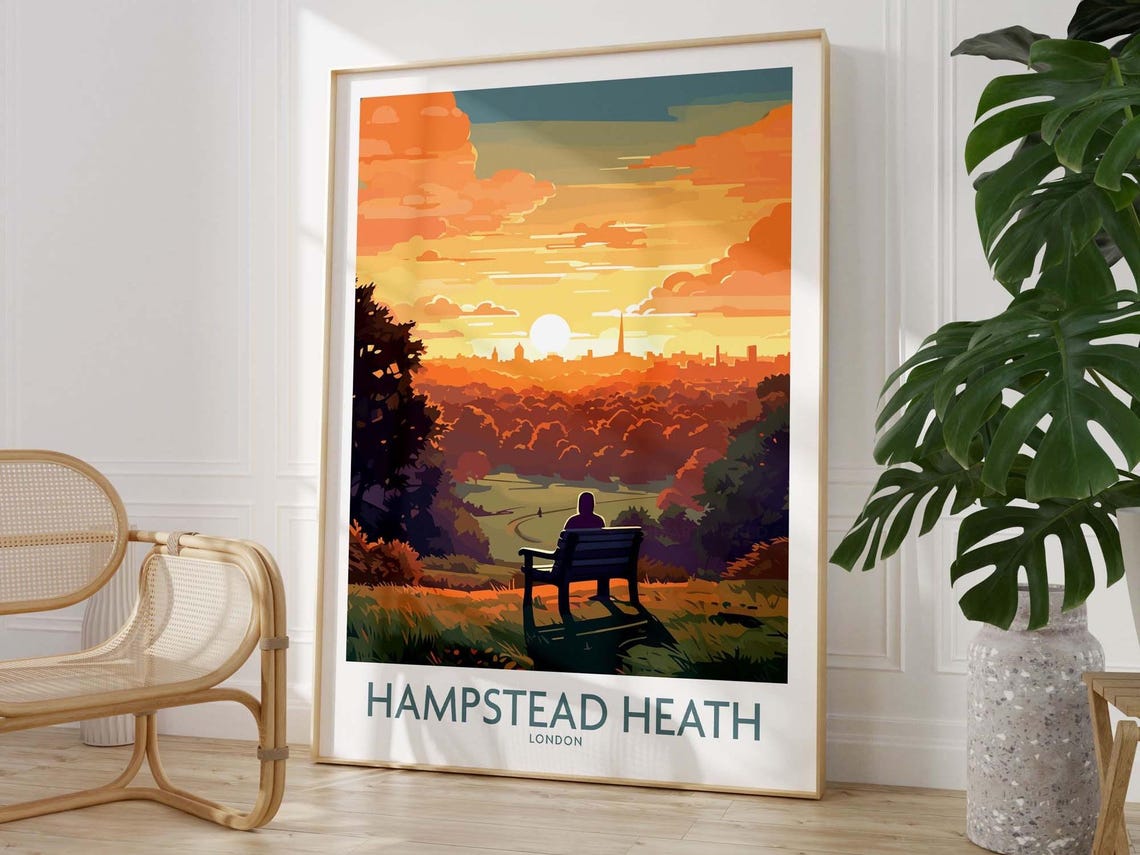 Hampstead Heath London Golden Sunset Park Bench View Travel Poster