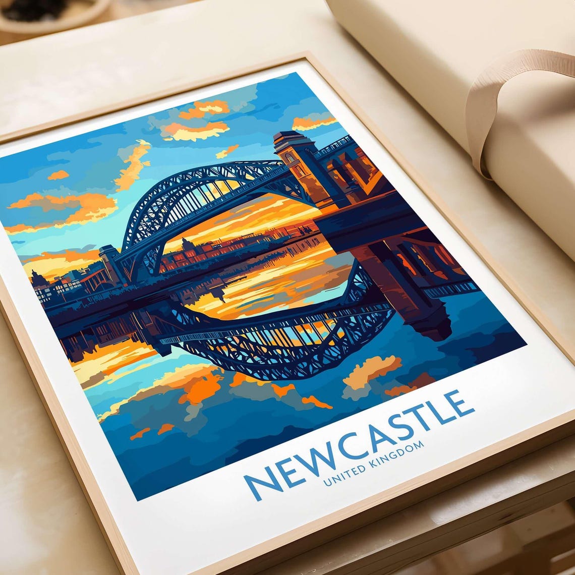 Newcastle United Kingdom Tyne Bridge Sunset Reflection Travel Poster