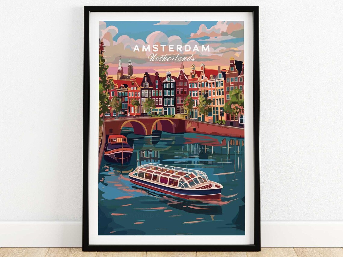 Amsterdam Netherlands Canal Houses Bridge Boats Vintage Travel Poster